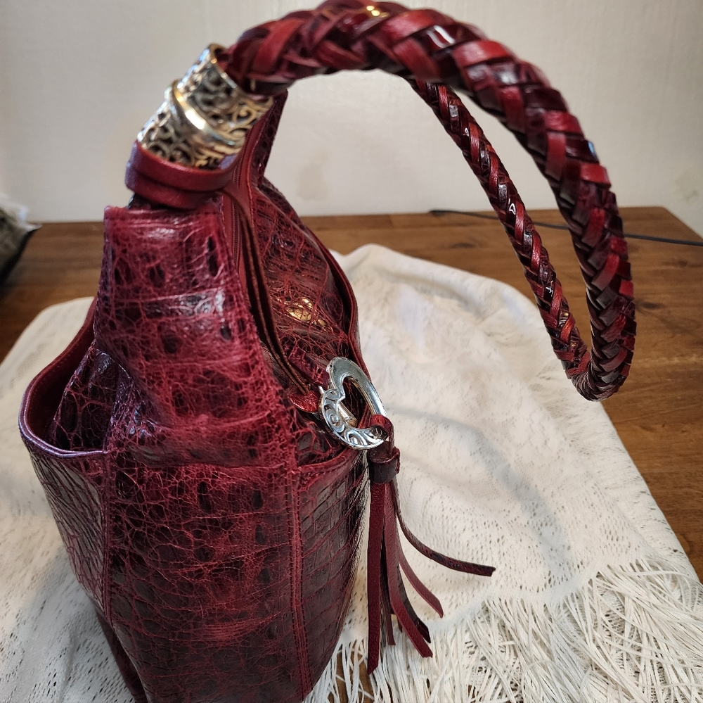 Brighton Wine Red Croc Embossed Soft Leather Braided Strap Hobo Shoulder Bag - Picture 2 of 9